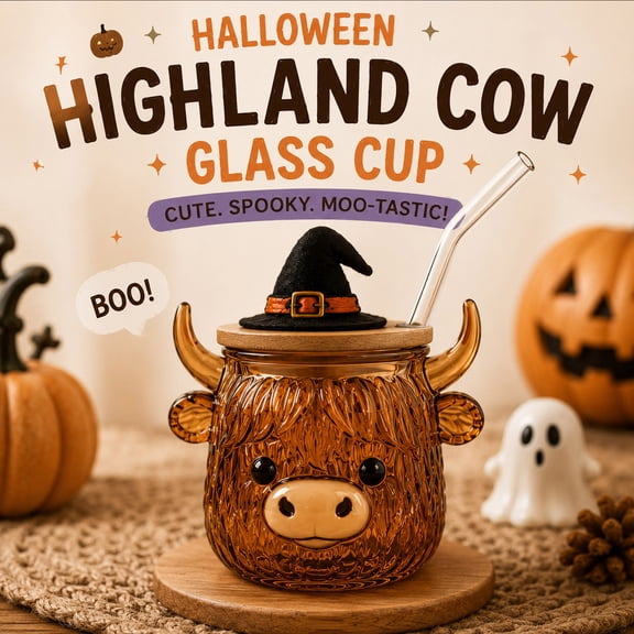 Halloween Cute 3D Highland Cow Glass Cups with Lids and Straws Clear Thicken Borosilicate Glass Cup Spill-Proof Beverage Glasses for Coffee Tea Juice and More #12 fl oz