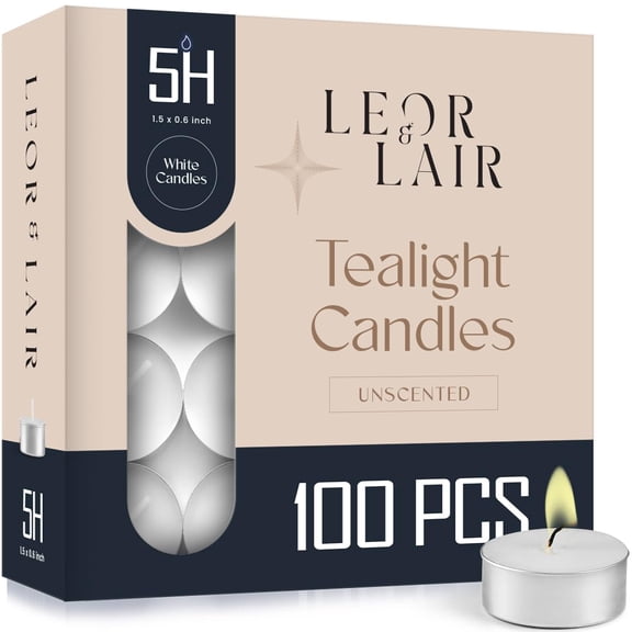 Leor & Lair 5 Hour Tea Light Candles - 100 Pack - Clean Burn, Unscented Tea Candles