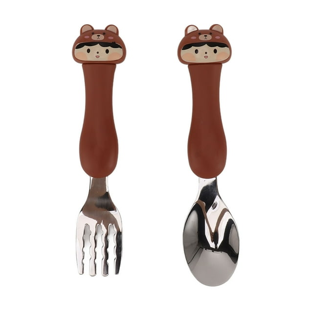 Ensemble de Fourchettes et Cuillères Mignonnes pour Tout-Petits Cuillères en Forme avec Manche en PP Vaisselle en Acier Inoxydable pour l'Alimentation Formation Design de Dessin Animé Attrayant Favorise les Compétences Auto-Alimentaires