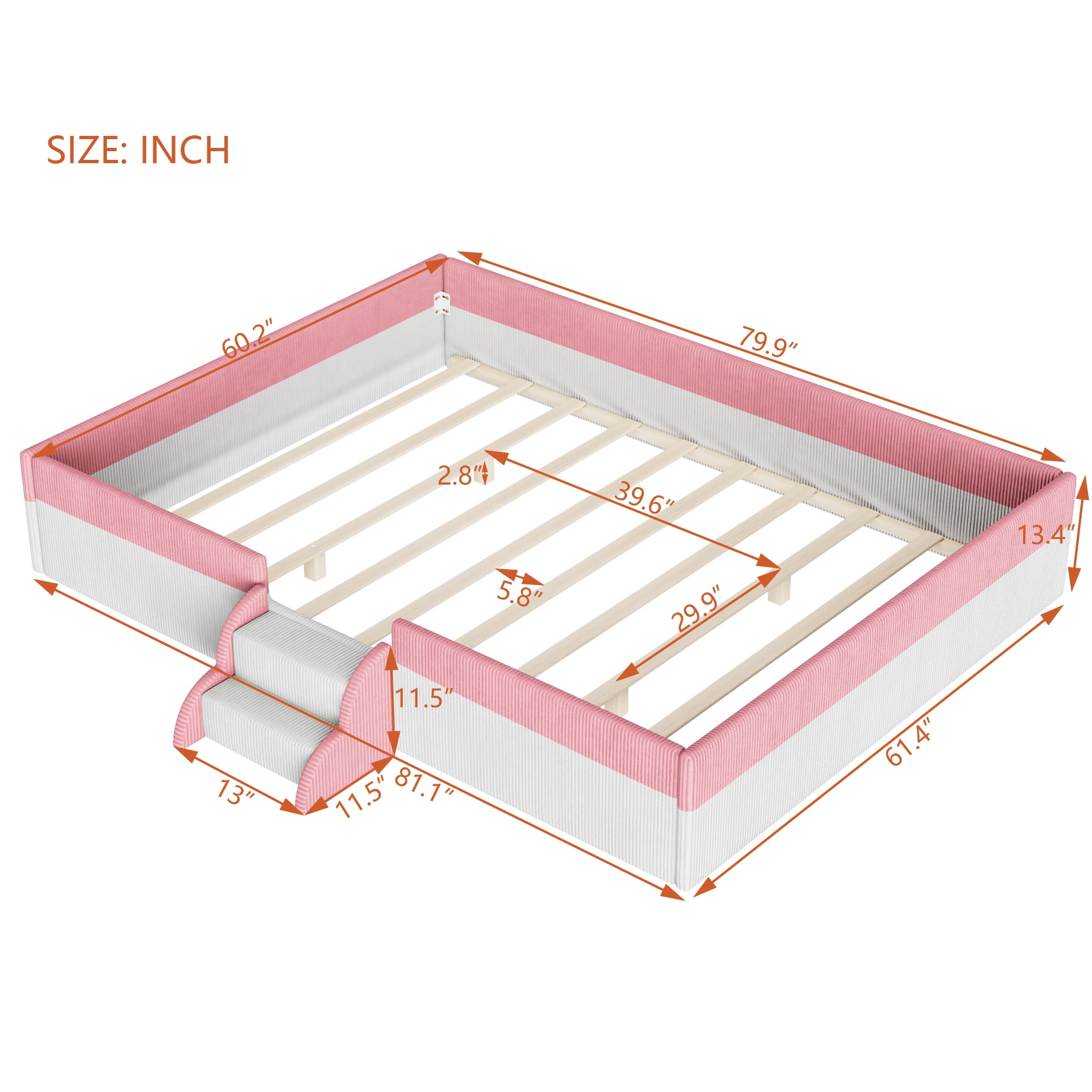 Howcool Queen Size Corduroy Upholstered Floor Bed with Fence and Smart LED Lights,2-Tier Steps Platform Bed Frame,Pink+White