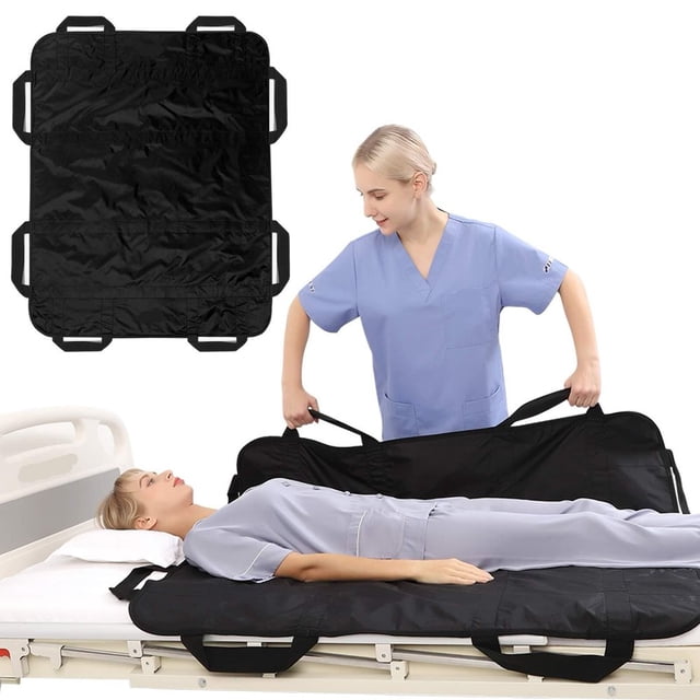 HLONK Multipurpose 48” x 40” Positioning Bed Pad with Reinforced Handles - Reusable & Washable Transfer Sheet for Turning Lifting & Repositioning - Double-Sided Nylon Fabric black