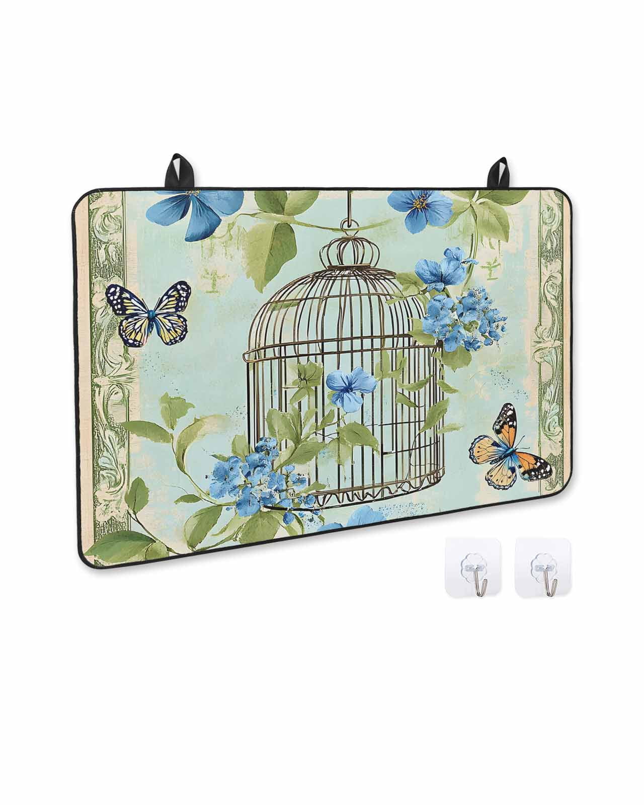 nqOlkjepod Large Induction Cooktop Protector Mat 36"x21", Birds Cage Stove Top Covers for Electric Stove, Green Botanical Blue Floral Decorative Stove Burner Cover Mats, Glass Top Stove Cover
