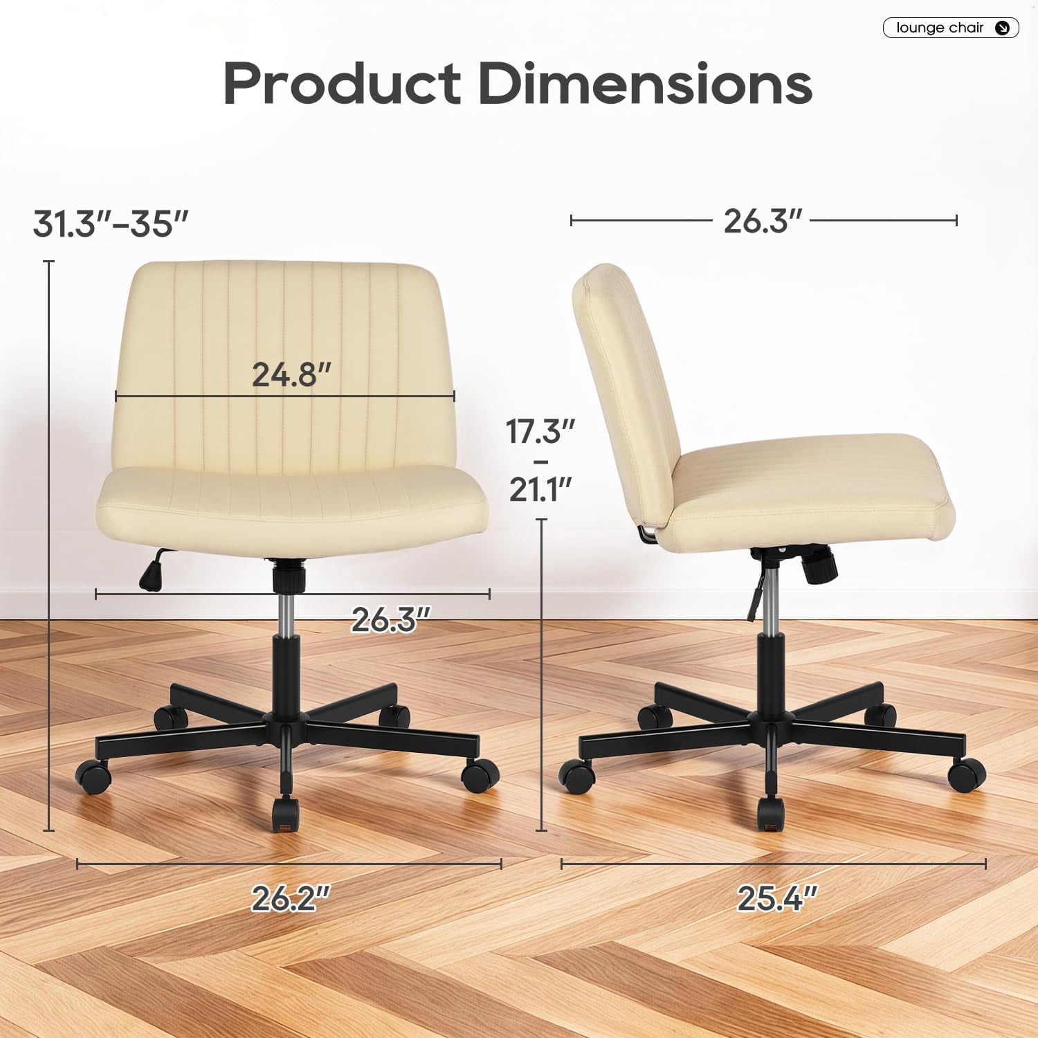 NiamVelo Vanity Chair with Wheels Criss Cross Chair Wide Desk Chair Armless Office Chair Adjustable Swivel Chair for Home Office, 250LBS Weight （Beige）
