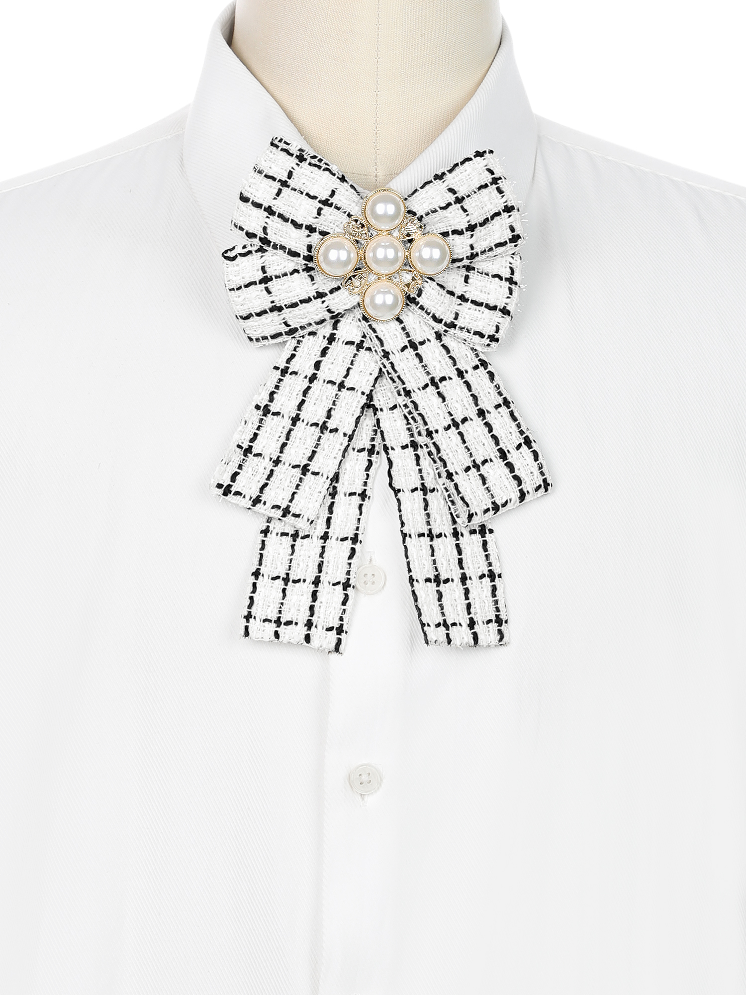 DARING DIVA Women's Ribbon Beads Pre-Tied Plaid Pattern Bow Tie White