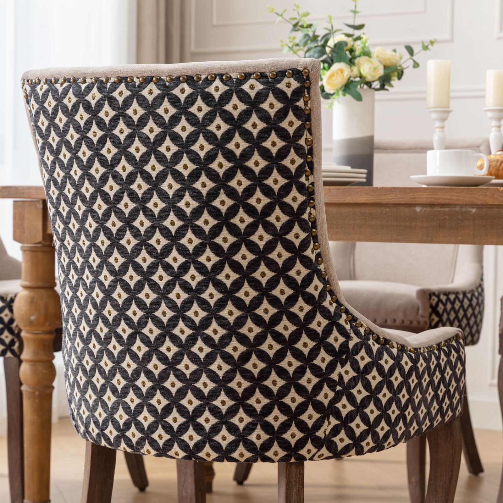BSHTI Furniture Ultra Side Dining Chair Set of 2, Beige Patterned Fabric Chairs with Solid Wood Legs & Bronze Nail Head Trim, Unique Accent Seating