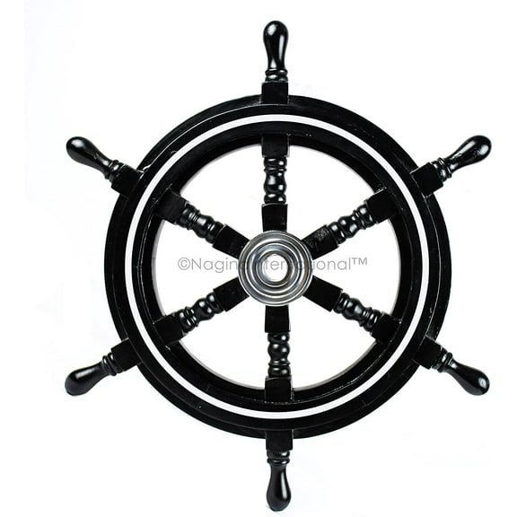 Nagina International Nautical Premium Sailor's Hand Crafted Brass & Wooden Ship Wheel | Luxury Gift Decor | Boat Collectibles 42 Inches, Black (Aluminum Ring)