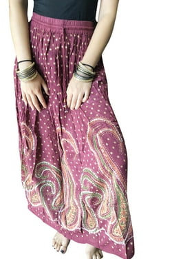 Womens Bohemian Maxi Skirt, Dark Pink Gold Beaded Beach Skirt Boho Chic Gypsy Hippie Skirts S/M