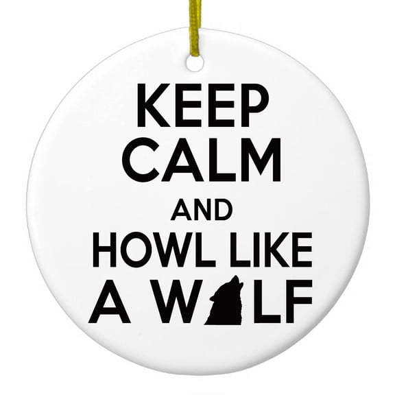 DistinctInk Hanging Ceramic Christmass Tree Ornament with Gold String - Great Gift / Present - 2 3/4 inch diameter - Keep Calm Howl Like a Wolf