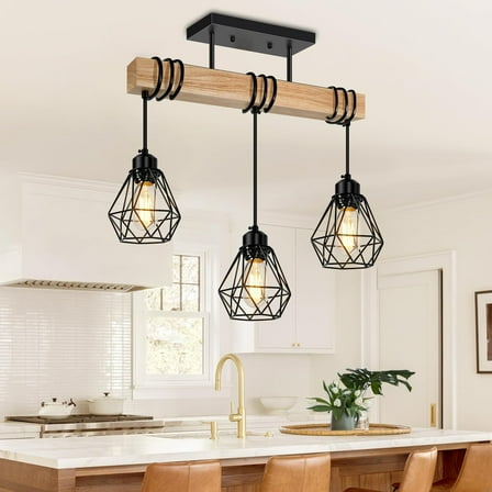 3 - Light Kitchen Island Lighting  Pendant Light Fixtures over Table Wood Hanging Lamp with Metal Shades for Dining Table Living Room Hallway