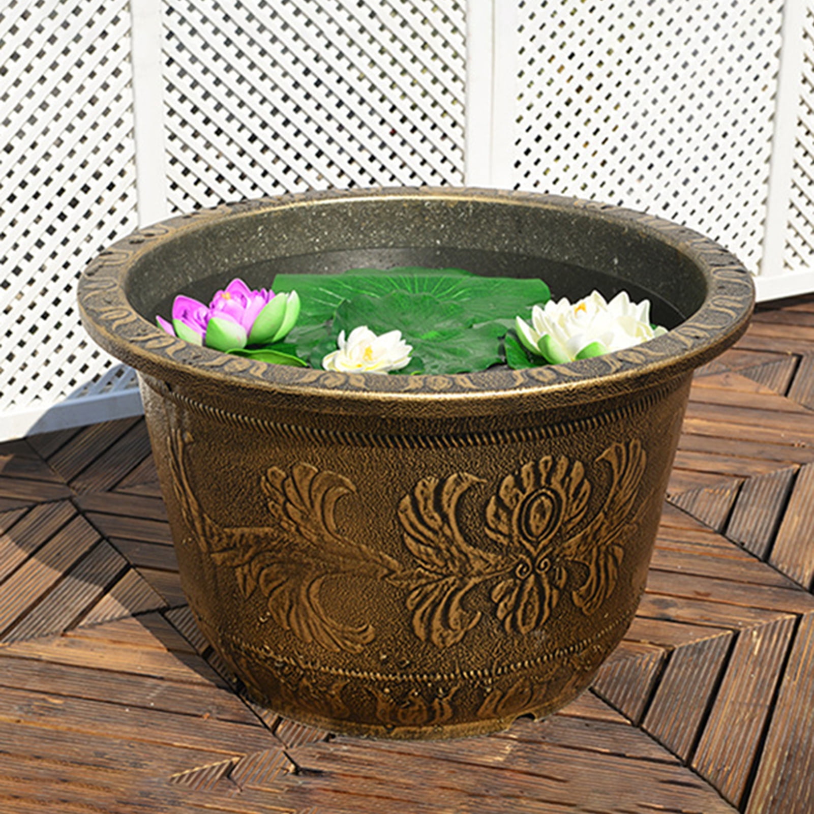 OIUR Large Flower Pot Thickened Plant Pot with Drainage Hole Retro Resin Lotus Planter for Indoor Outdoor Plants Home Gardening