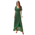 thumbnail image 4 of Femmes Été Imprimé Floral Wrap V Cou Cap Plage Plissé Ourlet Partie Midi Robe(Green XL), 4 of 4
