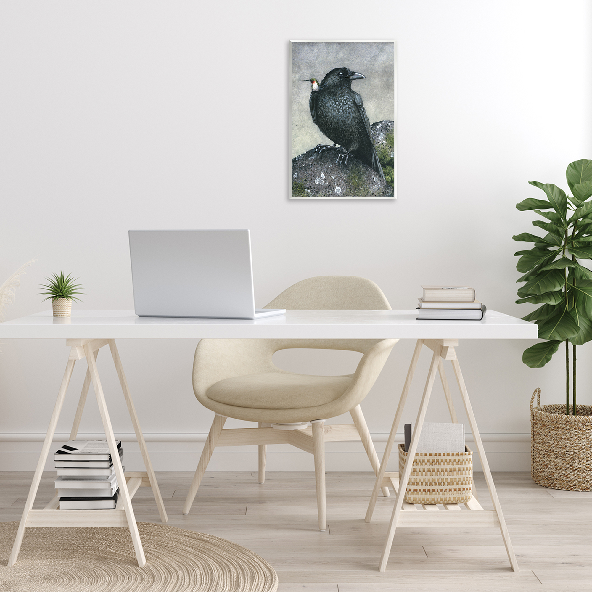 Stupell Industries Crow & Hummingbird Perched Animals & Insects Painting Unframed Art Print Wall Art, 13 x 19