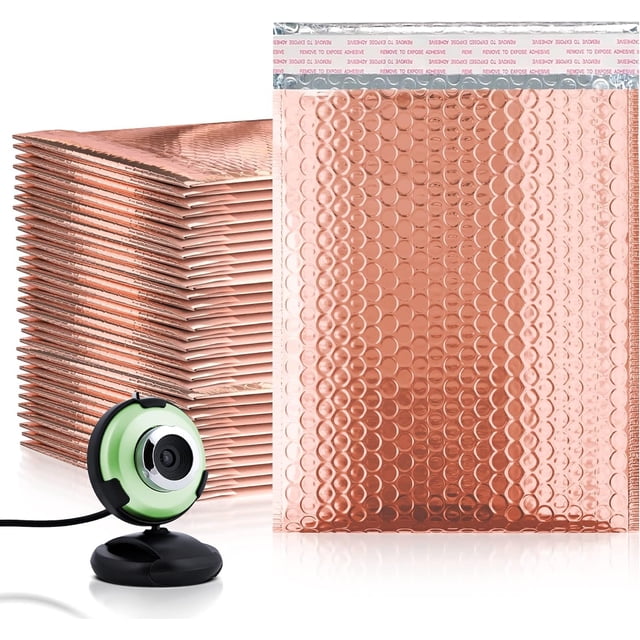 Pack de 25 sobres acolchados metálicos oro rosado, 5 x 9 pulgadas, sobres acolchados estilo pesado con cierre autoadhesivo