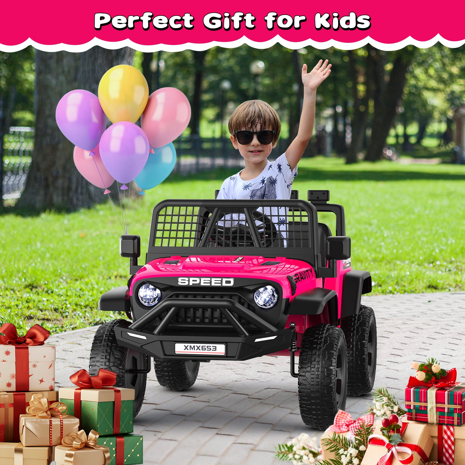 Funcid 24V Ride on Cars Truck with Remote Control, Electric Battery Powered Car with Spring Suspension, Ride on Toys for Kids, Built-in music, Cool LED Light, Bluetooth, USB, Pink