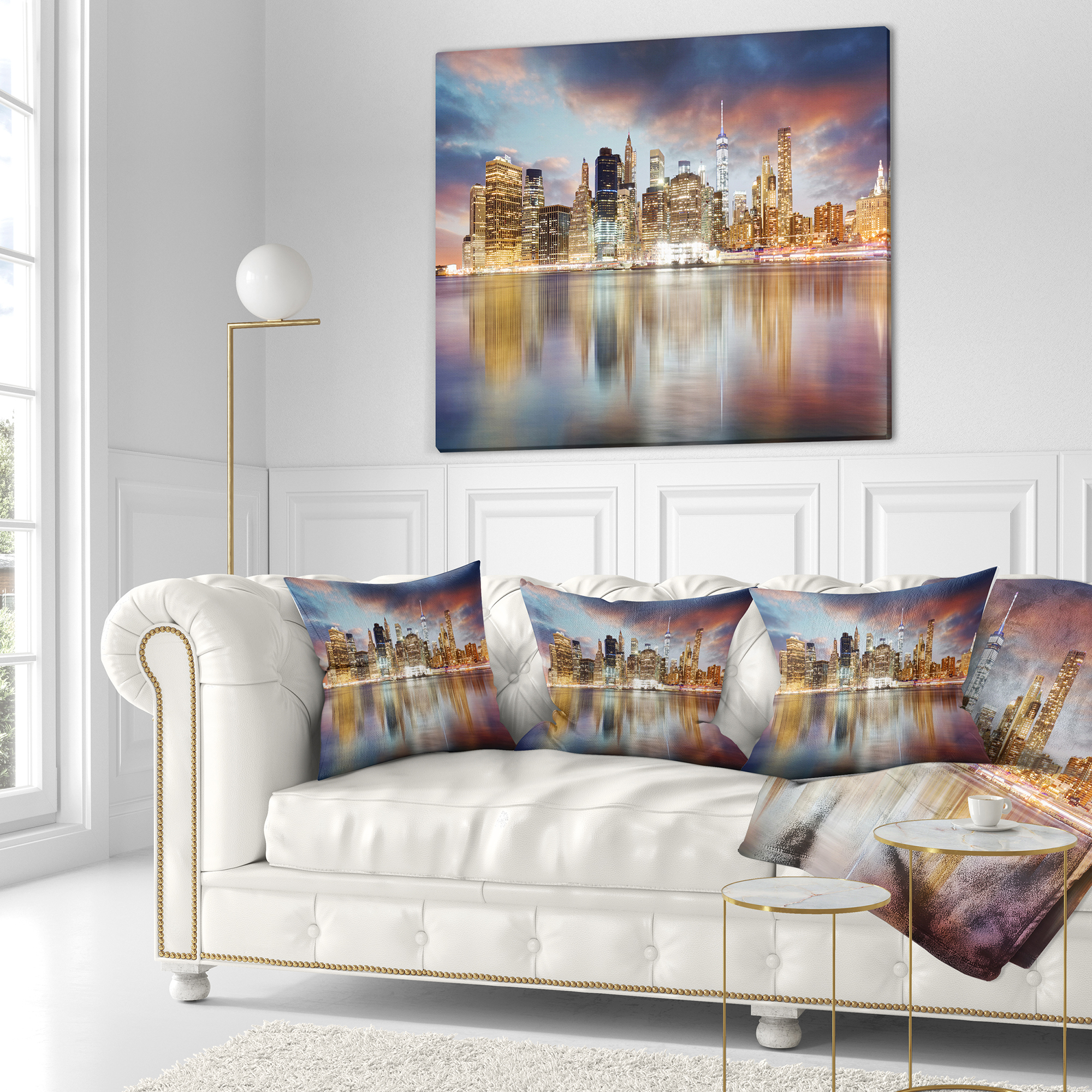 Designart New York Skyline at Sunrise with Reflection. - Cityscape Throw Pillow - 18x18