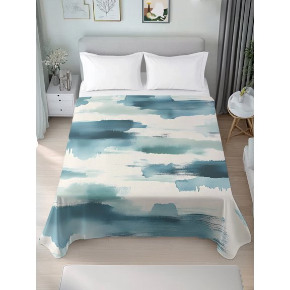 Queen Size Flat Sheet Only,Watercolor Teal Color Block on Beige Soft Top Bed Sheets Breathable Bedding Sheet Abstract Graffiti Art Microfiber Hotel Luxury Top Sheets