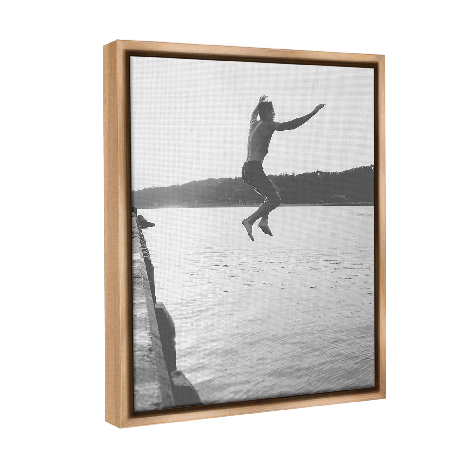 Stupell Industries Jumping in Lake Photography Landscape Photography Brown Floater Framed Canvas Art Print Wall Art, 25 x 31