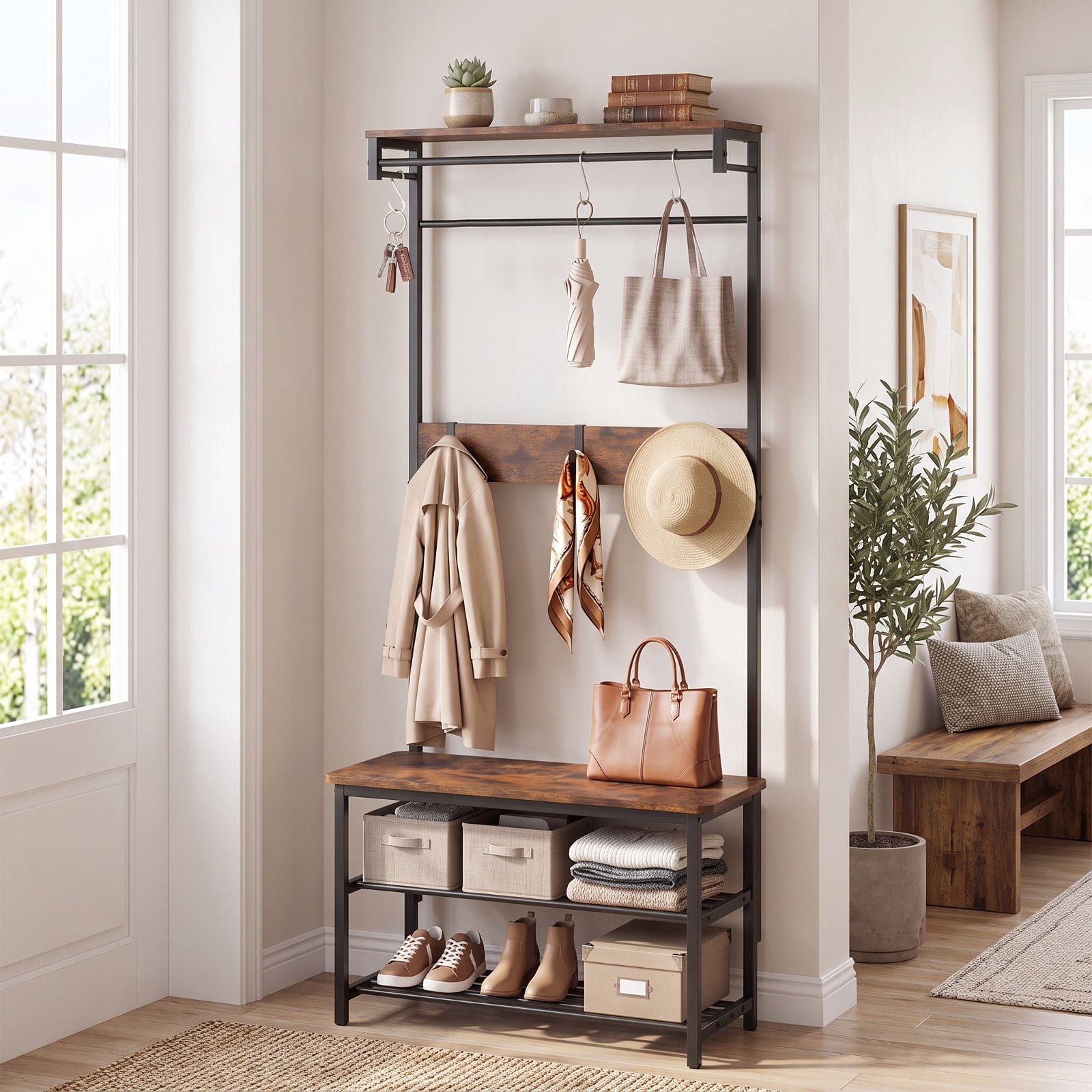 Furnibear 4 in 1 Hall Tree Coat Rack with Shoe Bench and Removable Hooks and Hanging Rod for Entryway and Bedroom, Rustic Brown