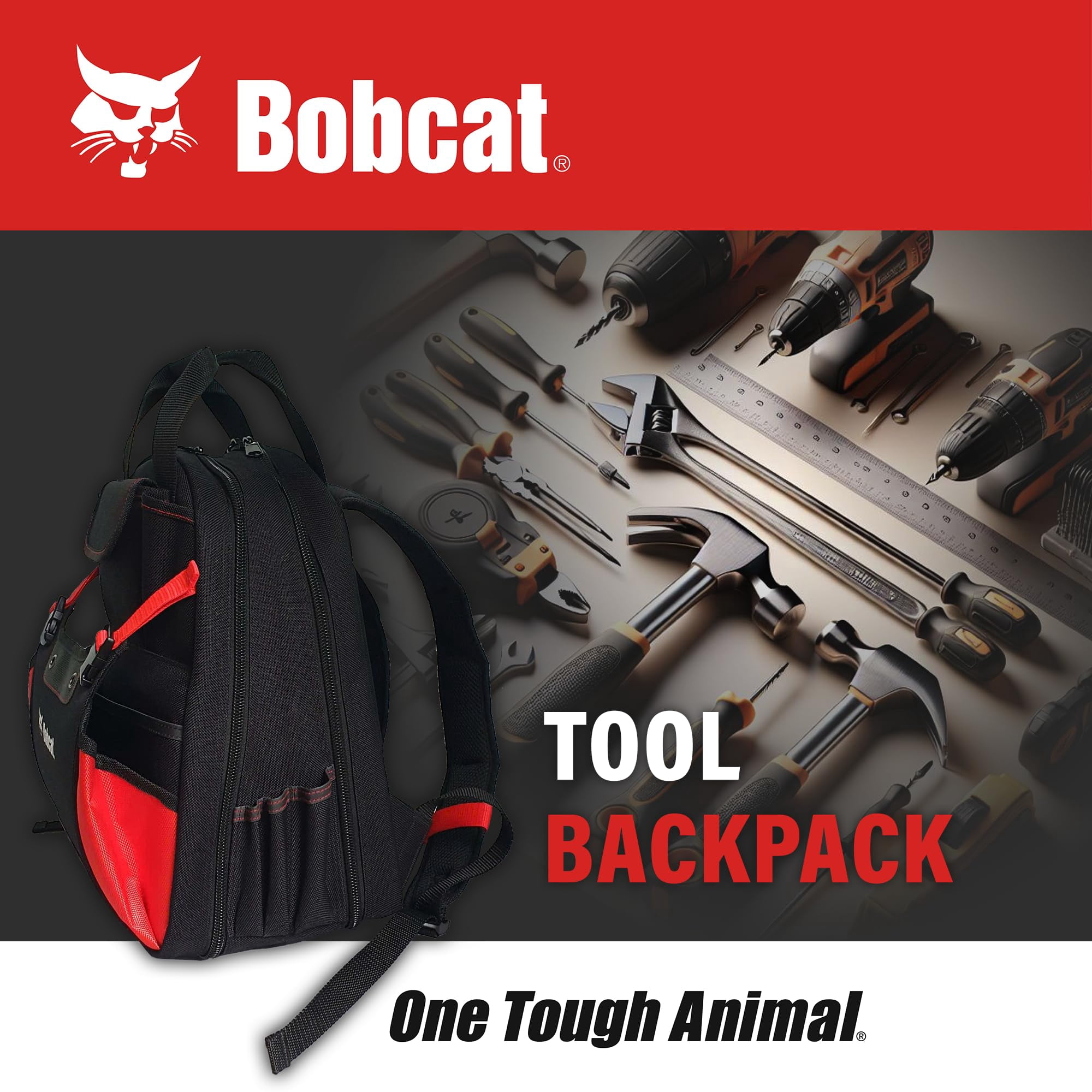 Bobcat Tool Backpack Heavy Duty – Work Tool Bag with 24 Pockets ForTechnician,Havc, Maintenance-Electrician tool bag with Smart Storage – Black/Red