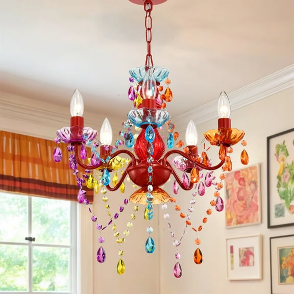 Kids Crystal Chandelier 5-Light Acrylic Ceiling Fixture, Multicolor for Girls’ Room Bedroom Dining Room