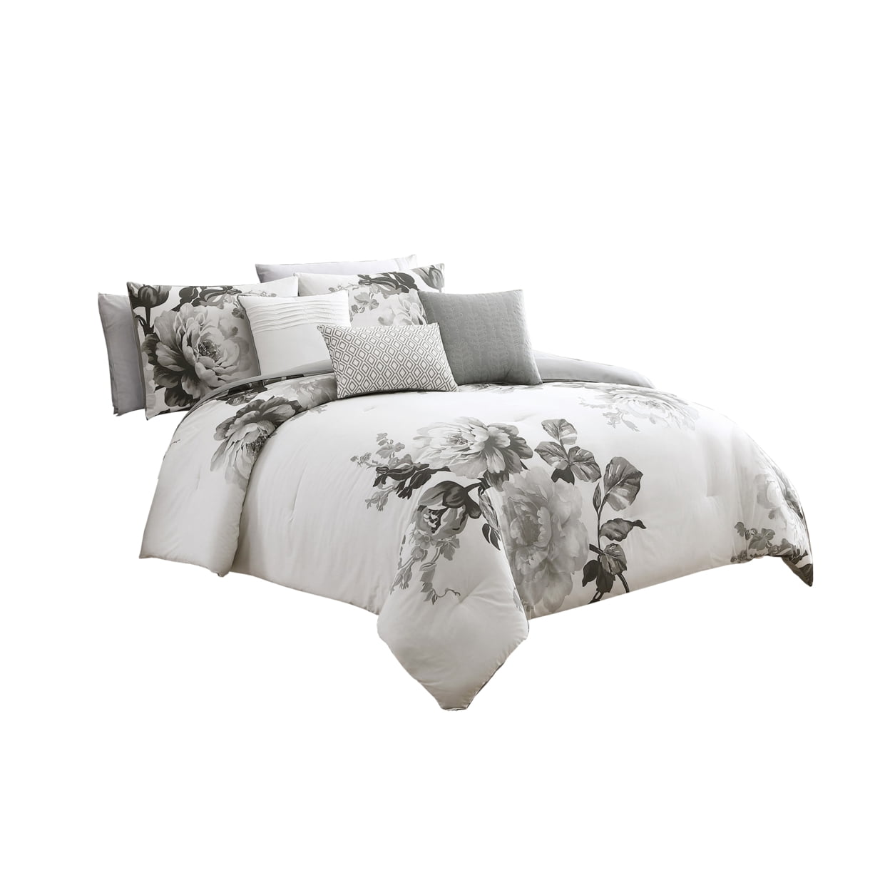7 Piece Cotton Queen Comforter Set with Floral Print, Gray and White Saltoro Sherpi