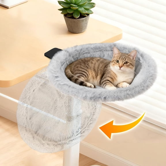 Pawaboo Cat Desk Bed, Sunken Cats Hammock with Steel Clamp Hold up to 40lbs, One-click Foldable Cat Side Table Beds with Soft Plush, Reversible & Washable Hanging Cats Bed for Game Office Home Deskto