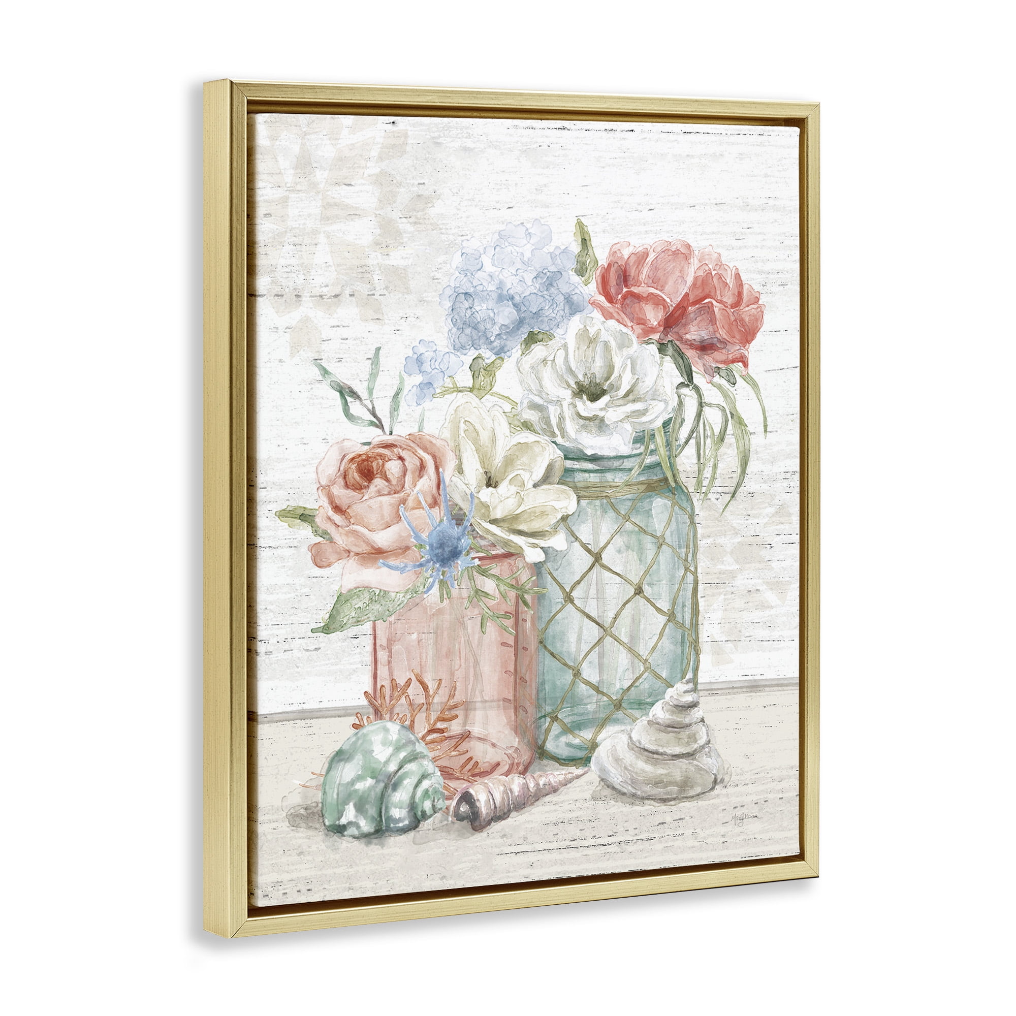 Stupell Industries Relaxed Nautical Jar Bouquets Nature Painting Gold Floater Framed Canvas Art Print Wall Art, 25 x 31