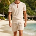 thumbnail image 4 of hotojiny Men's 2 Pieces Set Short Sleeve Henley Shirts and Comfortable Shorts Set Summer Beach Vacation Outfits(Khaki,X-Large), 4 of 7