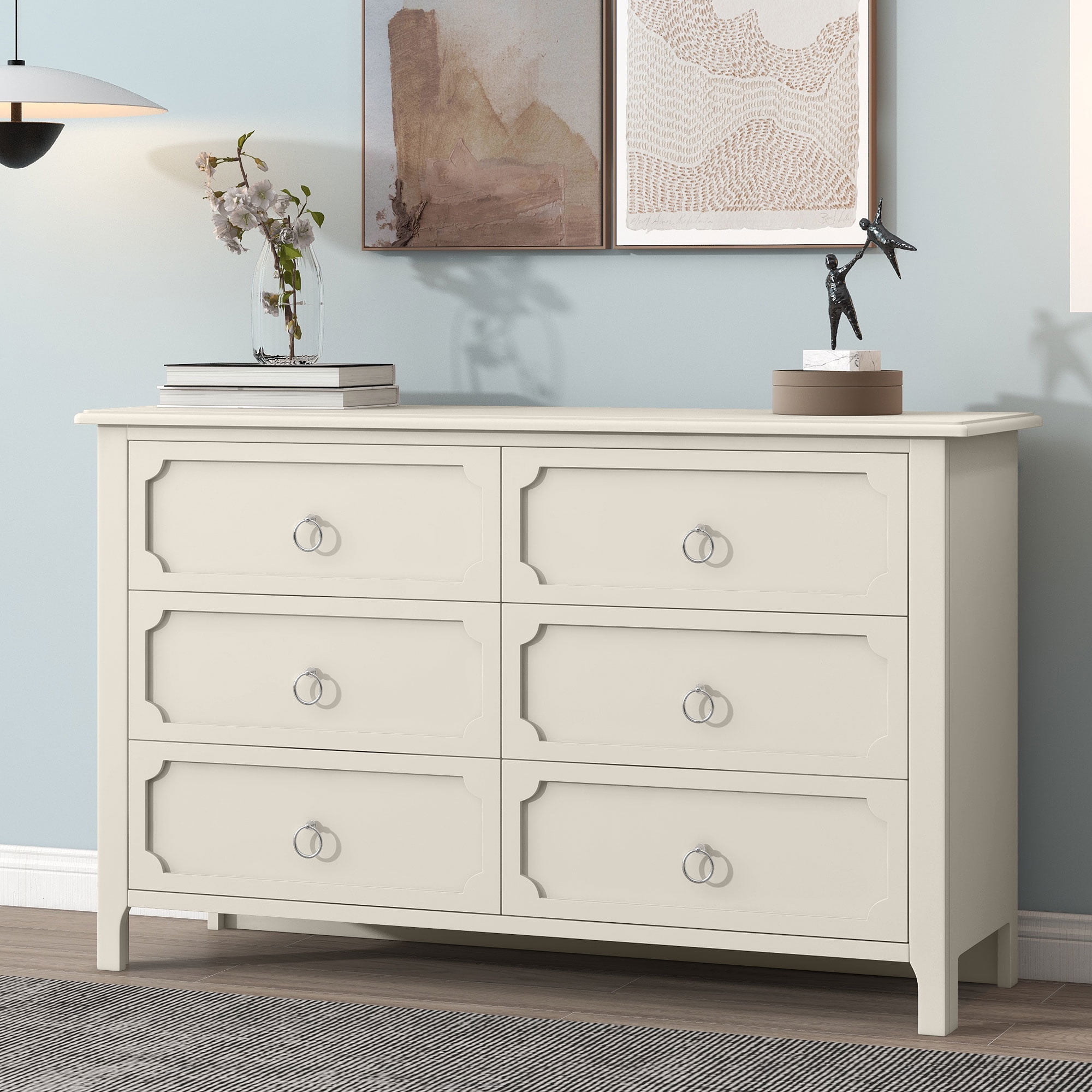 Resenkos 3 Pieces Solid Wood Bedroom Furniture Set Queen Size Platform Bed, Nightstand and Dresser Milky White