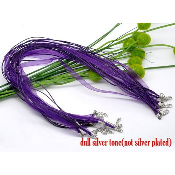 N024 - 15 pcs. Dark Grape Purple Organza Ribbon Waxen Cord Necklaces- 17 inch (43 cm)