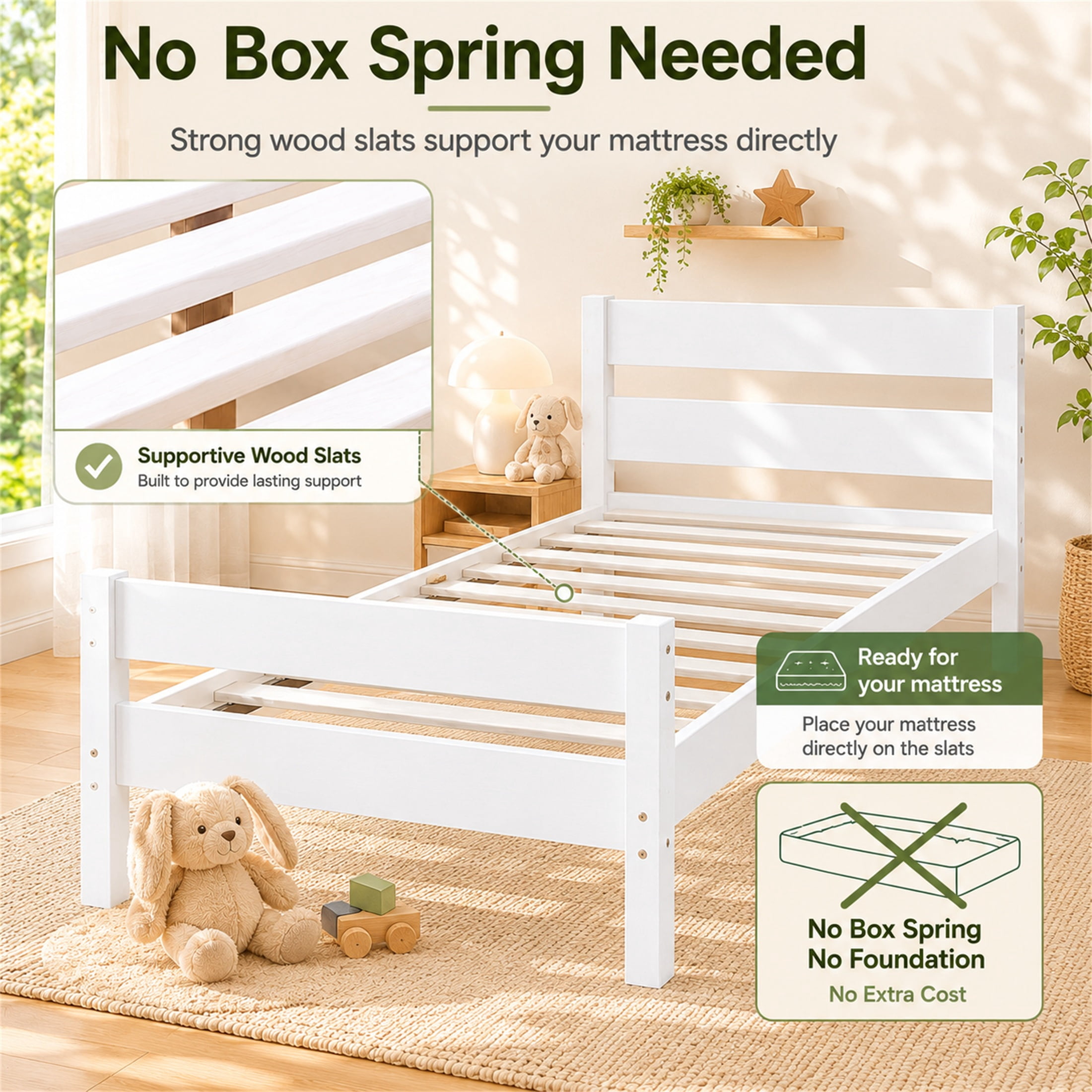 SESSLIFE Twin Bed Frame, Solid Wood Twin Platform Bed Frame with Headboard & Footboard, No Box Spring Needed with 250LBS, Easy Assembly, White