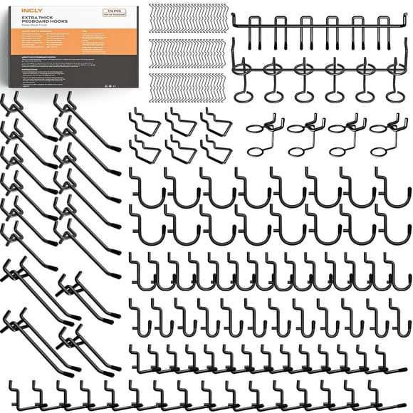 INCLY 176PCS Extra Thick Black Pegboard Hooks Set, 1/4" Heavy Duty Metal Peg Board Hook Assortment with Peg Lock Pegboard Accessories for G