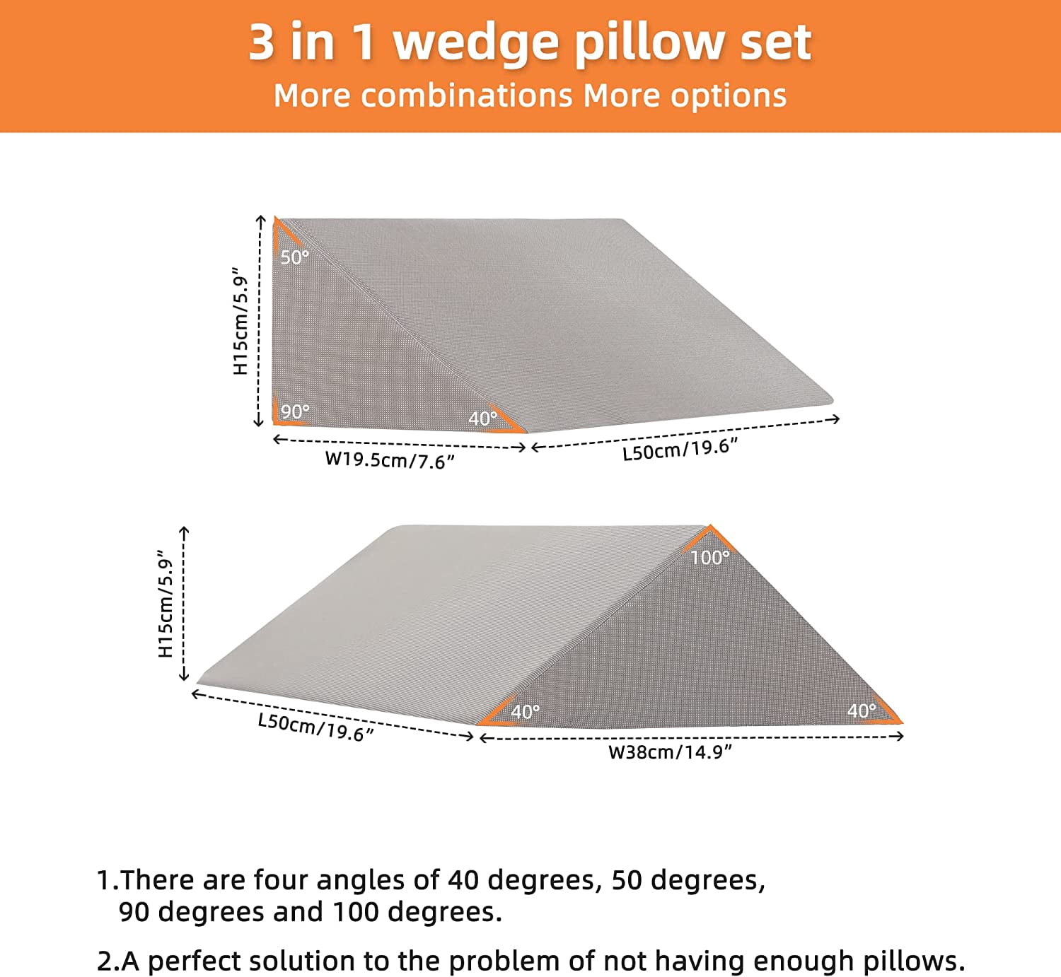 Bed Wedges & Body Positioners (3 in 1), 40 Degree Wedges for Bed Positioning,Positioning Pillows for Elderly, Wedge Pillow for Bed Sores, Side Sleeping, After Surgery, Knees Elevated,Back Pain