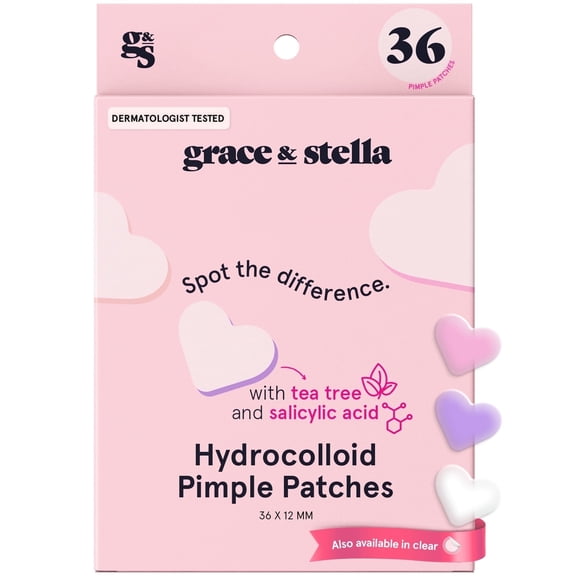 Grace & Stella Hydrocolloid Acne Patches & Spot Stickers, All Skin Types, 36 Piece Multishape Purple, Pink pack