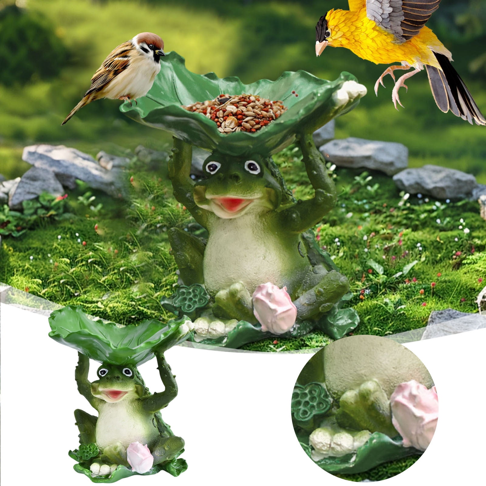 Bird Feeder Statue,6.4" Resin Decorative Sculpture with Lotus Leaf, Weatherproof Outdoor Garden Bird Feeder, Yard Lawn Ornament