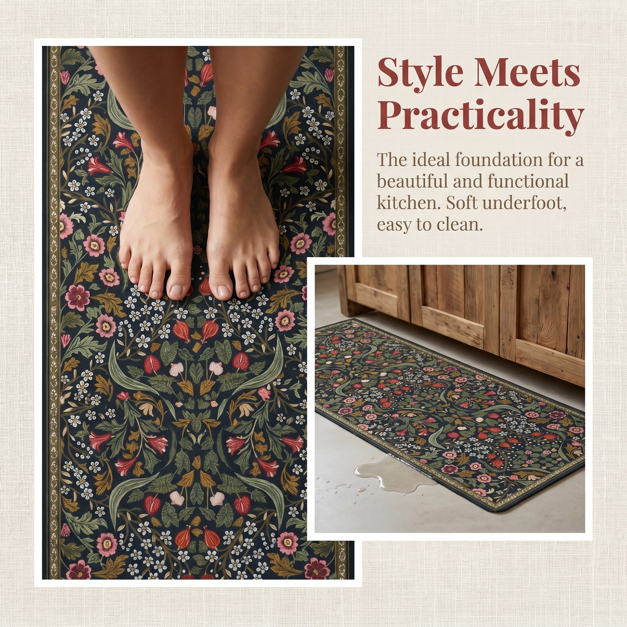 Unique Bargains 2Pcs Non-Slip Absorbent Runner Rug Set Green Flower 24" x 16" 47" x 16"