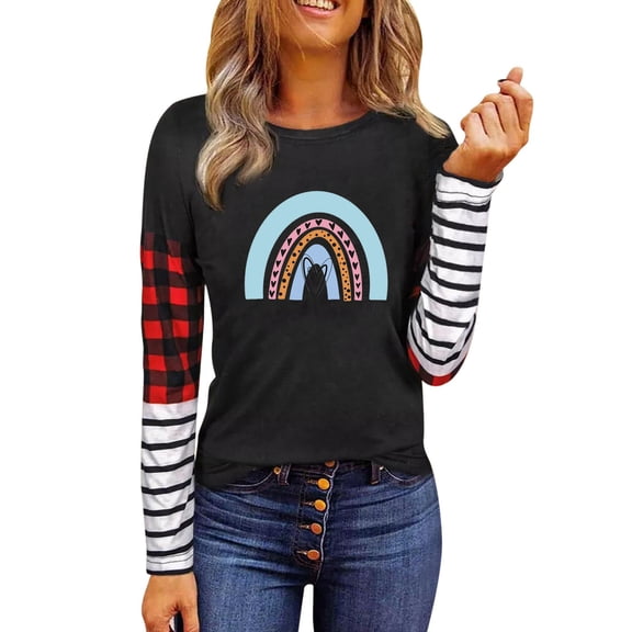 Valentines Shirts for Women Love Heart Graphic Tops Tricolor Stitching Long Sleeve Round Neck Loose Gift for Her