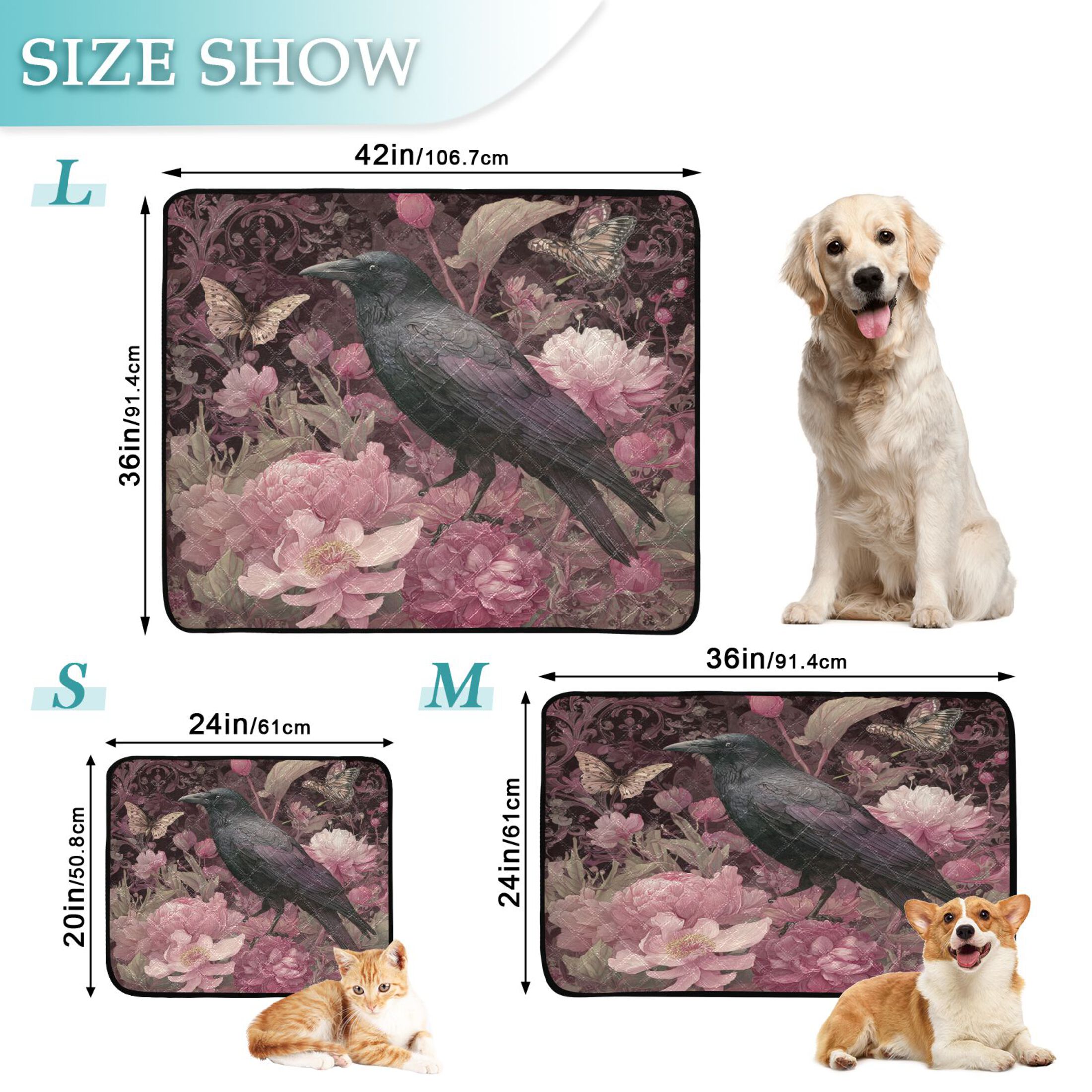 Qxltty Peony Crow Cat litter Pads Pet Set of 3 Diaper Mats Center Anti-leakage Layer Absorbent Soft and Comfortable