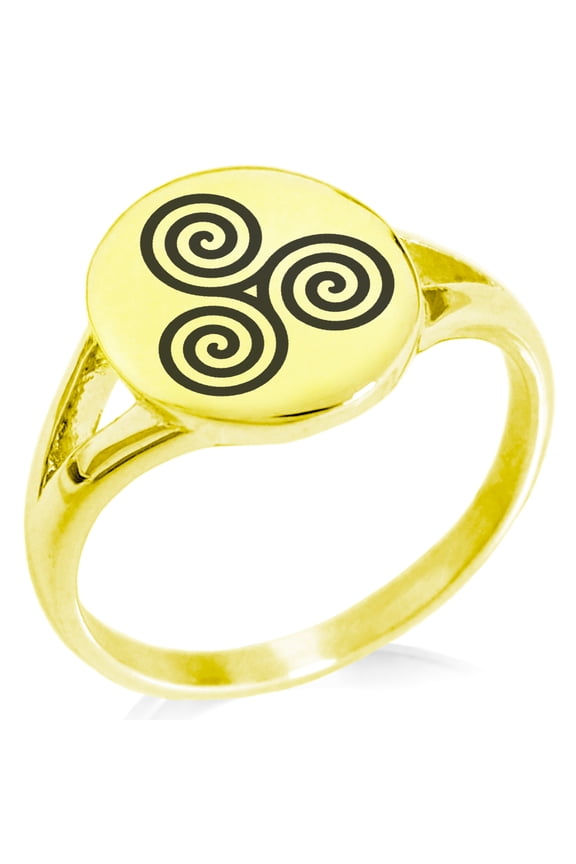 Stainless Steel Celtic Triskele Triskelion Triple Spiral Minimalist Oval Top Polished Statement Signet Ring
