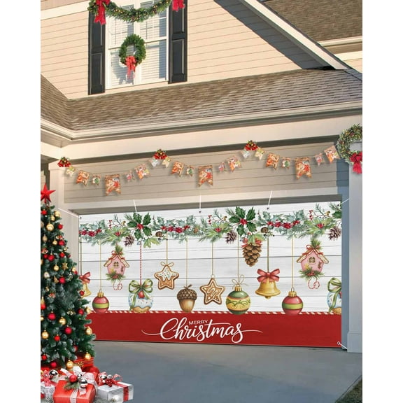 Fsddascl 7 x 16 Ft Christmas Garage Door Cover, Christmas Balls Large Garage Door Banner, Xmas Botanical Berry Star Vintage Hanging Garage Mural Background for Indoor Outdoor Xmas Party Supplies