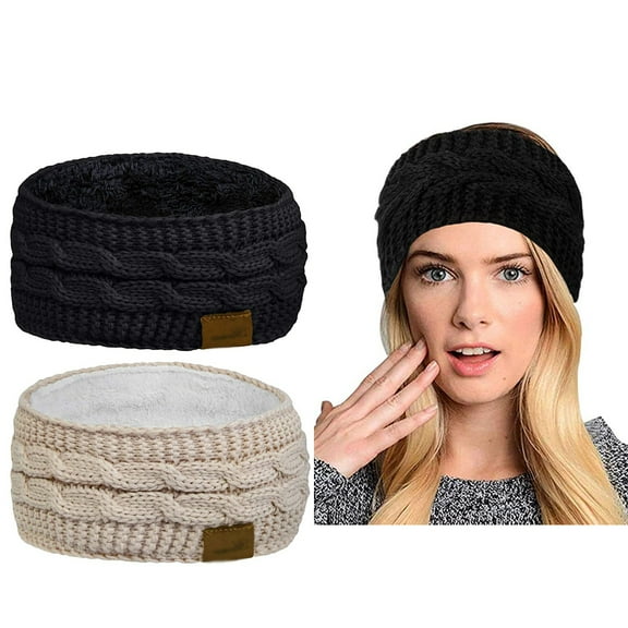 Women Winter Warm Headband Fuzzy Fleece Lined Thick Cable Knit Head Wrap Ear Warmer