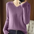 thumbnail image 2 of Womens Long Sleeve Tops Casual V Neck Loose Pullover Knitted Shirt Solid Color Warm Cozy Lightweight Wool Sweater (Purple L), 2 of 3