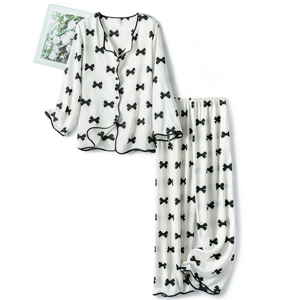 ICHUANYI Clearance Womens Fashion Bow Print Pajamas Two Piece Suit Long Sleeve Pants Pajama Set Homewear(White, L) ICHUANYI WER2023081004291
