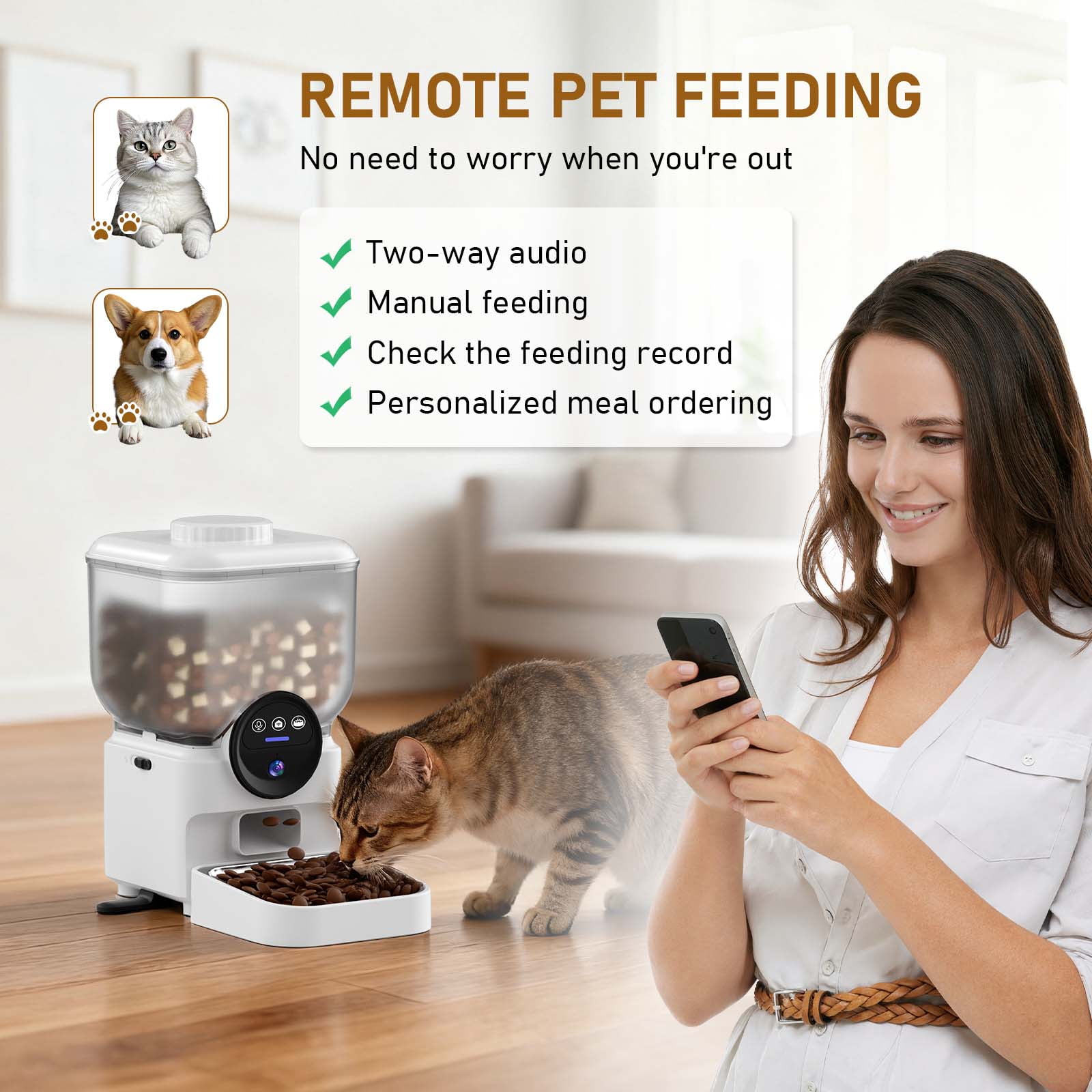 Eurhowing Smart WiFi Pet Feeder with 1080P HD Camera, 6.5L Automatic Cat Feeder Dog Food Dispenser with Night Vision & 2-Way Audio, App Control, Timer, Dual Power, White