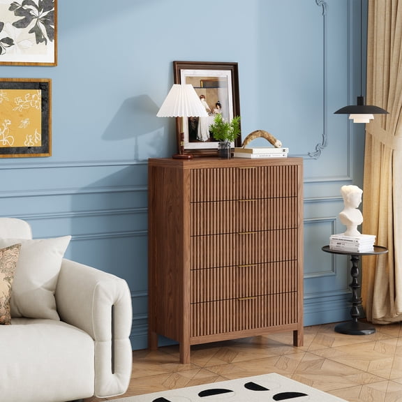 Fluted 5 Drawers Dresser, Modern 43" Tall Modern Chest of Drawers Farmhouse Dressers, Walnut