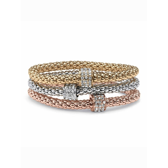 PalmBeach Jewelry Crystal Wheel Beaded Tri-Tone Stretch Rope Bracelet Set in Goldtone, Rose Gold-Plate and Silvertone 8"
