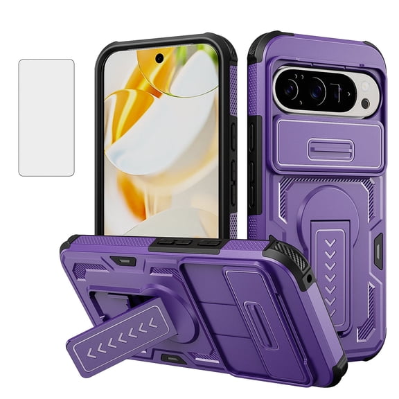 Allytechgroup Case for Google Pixel 10 Pro XL with Screen Protection, Built-in Slide Camera Cover Kickstand Shock-Absorbent Non-Slip PC TPU Military Grade Drop Protection, Purple