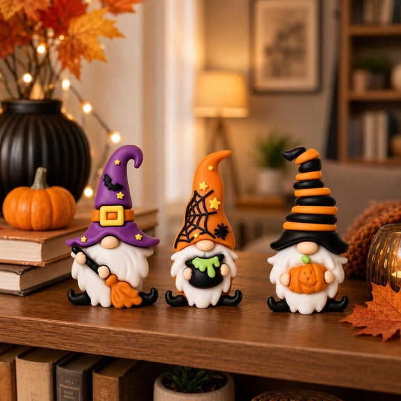Halloween Gnomes Decorations Indoor, 3 Pcs Cute Resin Witch Halloween Figurines Decorations for Home, Office, Party, Funny Halloween Gifts