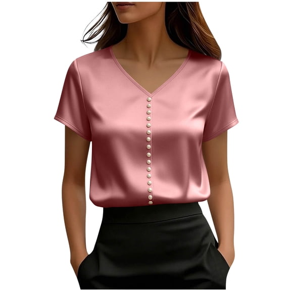 Cilsoka T Shirt for Women Elegant Pearls Beaded V Neck Short Sleeve Blouse Loose Fit Satin Silk Tops Work Office Outfits