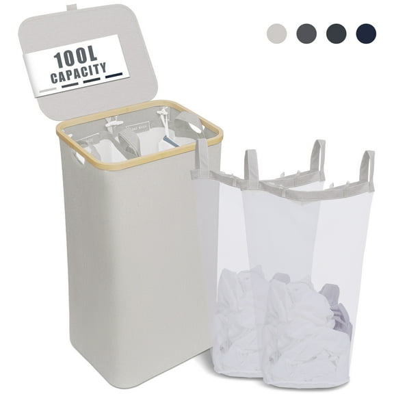 YIHATA Collapsible Laundry Baskets with Bamboo Handles, White